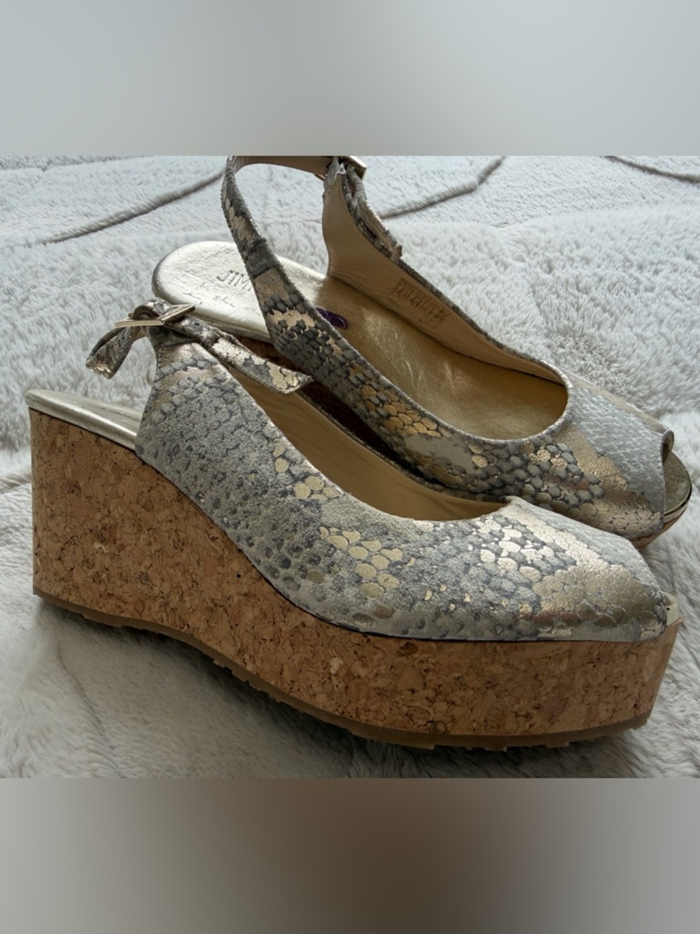 NEW! $675 Jimmy Choo Praise Metallic Snake-Print Cork Wedge Slingback Sandals 5